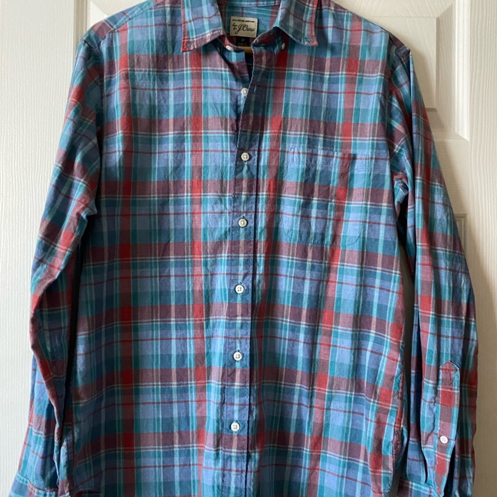 J Crew Plaid Button Down Shirt Teal Red Gray Casual Preppy Size M